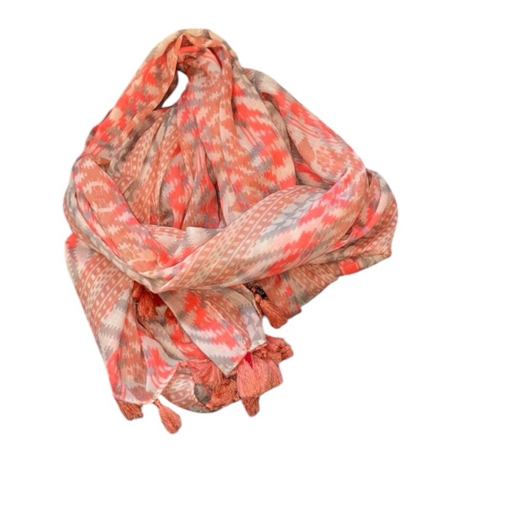 Forever 21 Pink Gray Aztec Fringe Tassels Summer Scarf Lightweight One Size